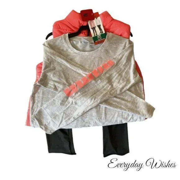 PUMA Girl's Vest Long Sleeve Shirt Leggings 3pc X-Small 5/6 Coral/Gray/Black NWT - Picture 2 of 4